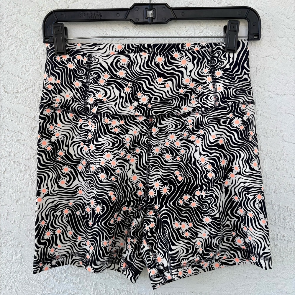 Free People Black & White Swirl Bike Shorts with Pink Floral Accents - Picture 2 of 12